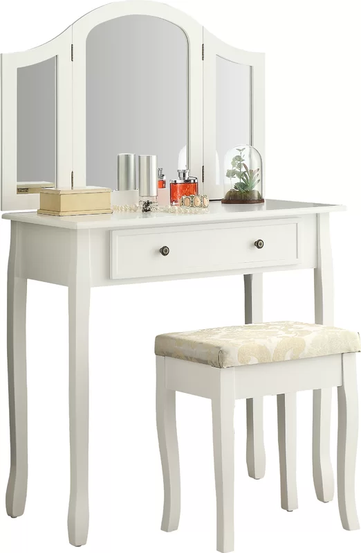 Roundhill Furniture Sunny White Wooden Vanity, Make Up Table and