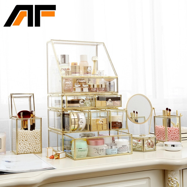 AF Luxury Large Makeup Storage Glass Et Metal Edge Cosmetics