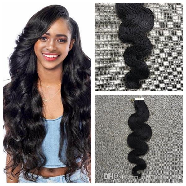 Natural Black 1b# Body Wave Remy Hair PU Skin Weft Tape In Virgin