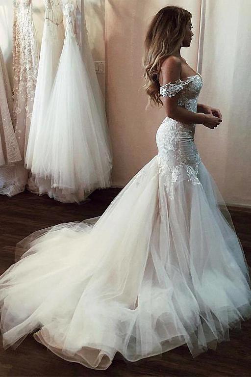 Off the Shoulder Mermaid Wedding Dress with Lace, Long Tulle .