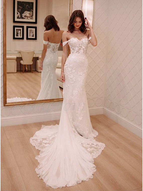 Off-the-Shoulder Mermaid Wedding Dress with Lace Appliques - $0.00 .