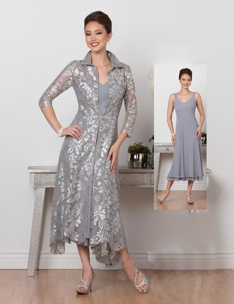 Silver Mother of the Bride Groom Dresses Suit with Long Jacket .
