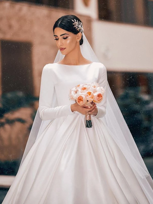 Elegant A-line Long Sleeve Simple Satin Wedding Dresses With .
