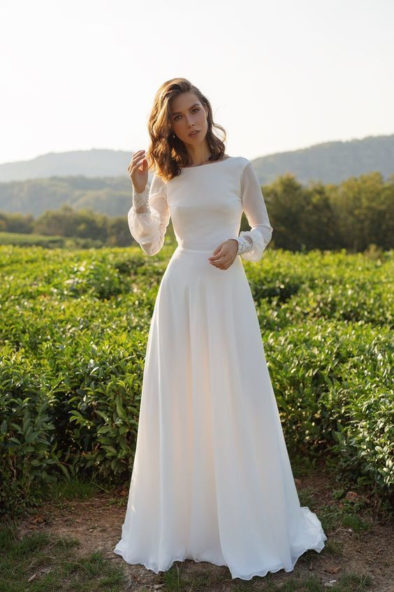 Chiffon wedding dress long sleeves simple | moonlight | Wedding .